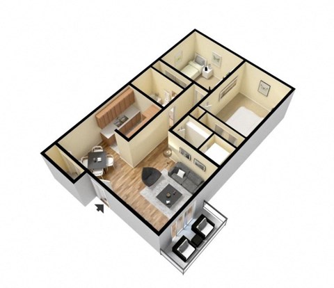 Floor plan for 2 beds, 1 bath, 880 sqft